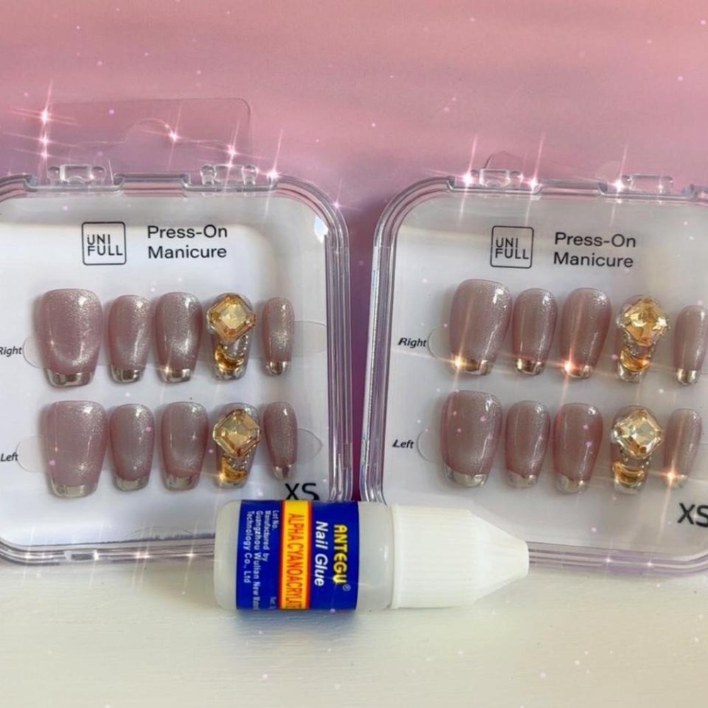 2 SETS OF FAKE PRESS ON NAILS CHAMPAGNE SILVER FRENCH TIP XS NEW